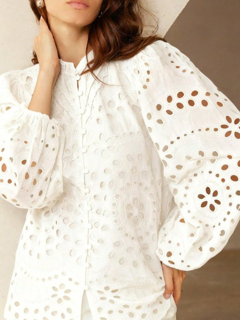 White Casual Women's Embroidered Hollow-Out Pleated Front Long Sleeve Blouse - Picture 7 of 8